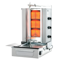 Abbildung des Gyros- / Dönergrills von vorne auf weißem Hintergrund. Das Gerät ist eingeschaltet und die Heizelemente glühen Abbildung des Gyros- / Dönergrills von vorne auf weißem Hintergrund. Das Gerät ist eingeschaltet und die Heizelemente glühen rot.