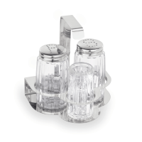 Menage, 2 Gewürzstreuer, 1 Zahnstocherbehälter, Edelstahl, Hartglas, Höhe 105 mm Menage, 2 Gewürzstreuer, 1 Zahnstocherbehälter, Edelstahl, Hartglas, Höhe 105 mm