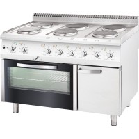 Ansicht des 6-Platten Elektroherdes von vorne aus leicht erhöhter versetzter Position. Gut zu sehen: Backofen und Unterbau, Ansicht des 6-Platten Elektroherdes von vorne aus leicht erhöhter versetzter Position. Gut zu sehen: Backofen und Unterbau, beide mit geschlossenen Türen. Der Hintergrund des Bildes ist weiß.