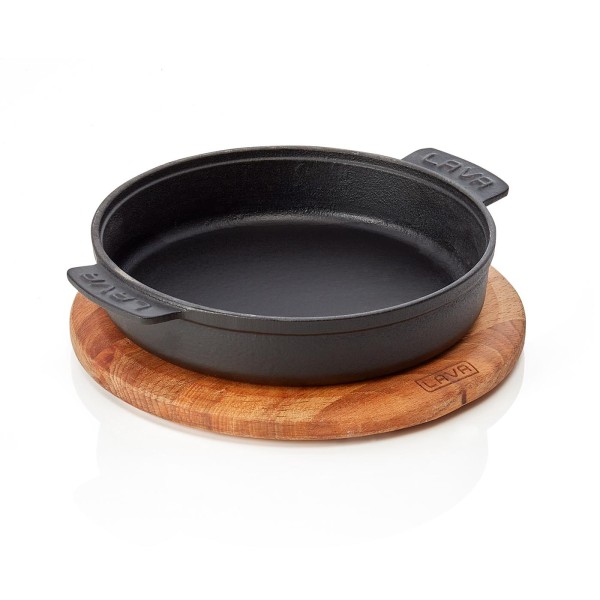 Bratpfanne | Servierpfanne EisenStil, rund, Holzbrett, Ø 170 mm, Gußeisen emailliert, schwarz