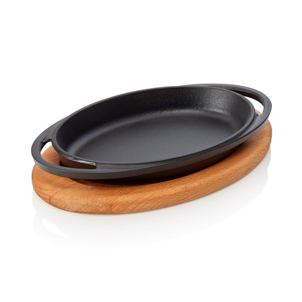 Bratpfanne | Servierpfanne EisenStil, oval, mit Holzuntersetzer, Gußeisen emailliert, 2 Griffe, schw