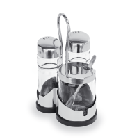 Menage, 2 Gewürzstreuer, 1 Senfglas, Edelstahl, Hartglas, Höhe 120 mm Menage, 2 Gewürzstreuer, 1 Senfglas, Edelstahl, Hartglas, Höhe 120 mm