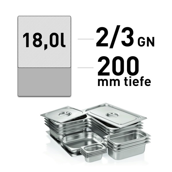 GN-Behälter 2/3, 200 mm tief, Edelstahl – 18 Liter Volumen
