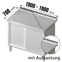 Arbeitsschrank, mit Schiebetüren, mit Aufkantung, 1 höhenverstellbarer Einlegeboden, Edelstahl rostf Arbeitsschrank, mit Schiebetüren, mit Aufkantung, 1 höhenverstellbarer Einlegeboden, Edelstahl rostf