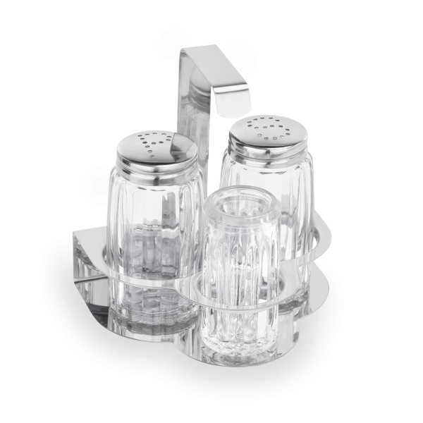 Menage, 2 Gewürzstreuer, 1 Zahnstocherbehälter, Edelstahl, Hartglas, Höhe 105 mm