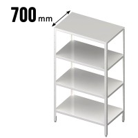 Ansicht des Edelstahl-Lagerregals von schräg oben auf weißem Hintergrund. Die Tiefe des Regals ist im Bild verzeichnet. Ansicht des Edelstahl-Lagerregals von schräg oben auf weißem Hintergrund. Die Tiefe des Regals ist im Bild verzeichnet.