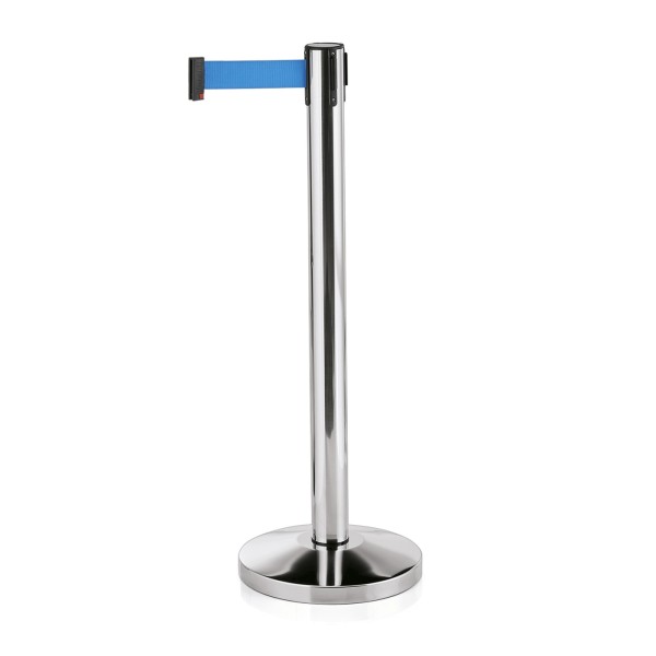 Abgrenzungsständer, Edelstahl, hochglanzpoliert, integriertes Band blau, 2,0 m