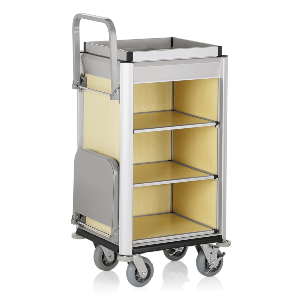 Zimmerservicewagen mit 60 l Volumen, helle Holzoptik, Aluminiumrahmen, Rollen Ø 150 mm