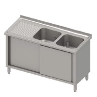 Spülschrank, mit Aufkantung, mit Schiebetüren, 2 Becken, inkl. Überlaufrohr Spülschrank, mit Aufkantung, mit Schiebetüren, 2 Becken, inkl. Überlaufrohr