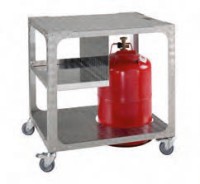 Abbildung des Transportwagens für Tischgrills auf weißem Hintergrund. Die in der Abbildung gezeigte Gasflasche dient nur als Abbildung des Transportwagens für Tischgrills auf weißem Hintergrund. Die in der Abbildung gezeigte Gasflasche dient nur als Beispiel und ist nicht enthalten.