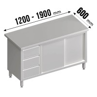 Arbeitsschrank, Schiebetüren, ohne Aufkantung, 3 Schubladen links, Tiefe 600mm Arbeitsschrank, Schiebetüren, ohne Aufkantung, 3 Schubladen links, Tiefe 600mm
