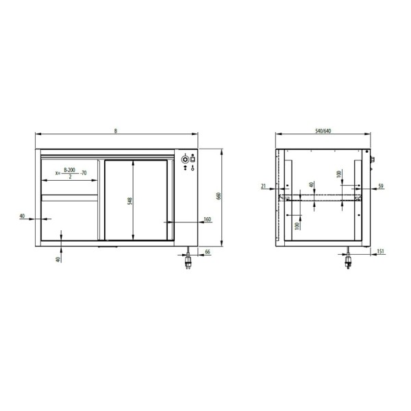 Durchreiche-Wärmeunterschrank-Modul mit Schiebetüren, Tiefe 640 mm