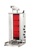Abbildung zeigt den eingeschalteten Dönergrill / Gyrosgrill leicht versetzt von vorne auf weißem Hintergrund. Abbildung zeigt den eingeschalteten Dönergrill / Gyrosgrill leicht versetzt von vorne auf weißem Hintergrund.