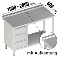 Schematische Darstellung des Edelstahl-Arbeitstisches mit allgemeinen Maßen - isometrische Ansicht Schematische Darstellung des Edelstahl-Arbeitstisches mit allgemeinen Maßen - isometrische Ansicht