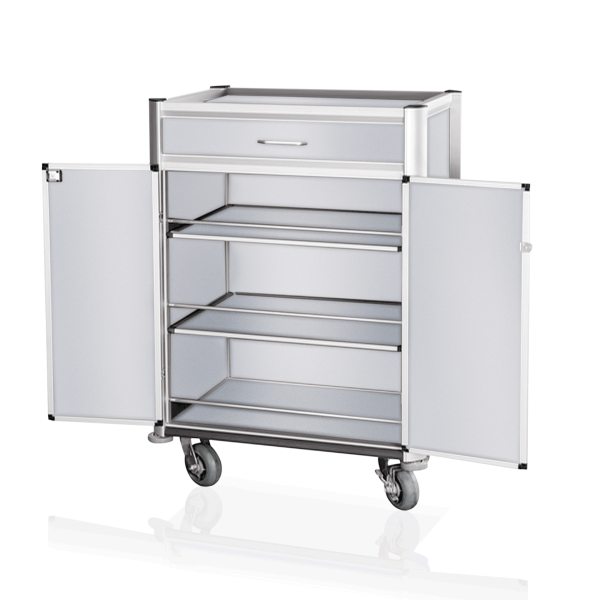 Minibarwagen weiß mit Schublade, abschließbaren Türen, Rollen Ø 150 mm