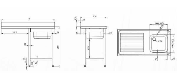 Spültisch ECO mit einem Überstand, Becken rechts, Grundboden 700mm Tiefe