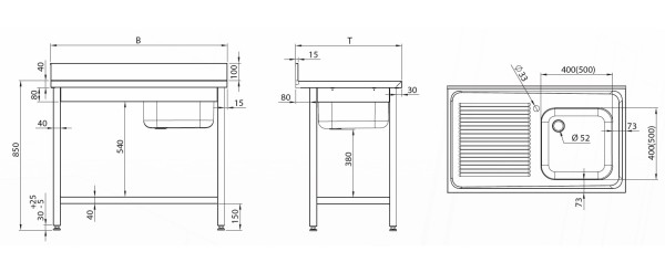 Spültisch ECO mit einem Becken links, Grundboden und Aufkantung 700mm Tiefe