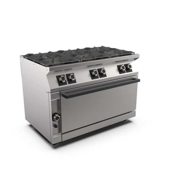 STOCK 6-Flammen-Gasherd mit Maxi-Gas-Backofen GN 2/1 mit Piezzozündung, Standgerät