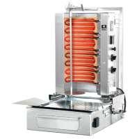 Abbildung zeigt den eingeschalteten Döner- / Gyros-Grill auf weißem Hintergrund in der Ansicht schräg von vorne. Abbildung zeigt den eingeschalteten Döner- / Gyros-Grill auf weißem Hintergrund in der Ansicht schräg von vorne.