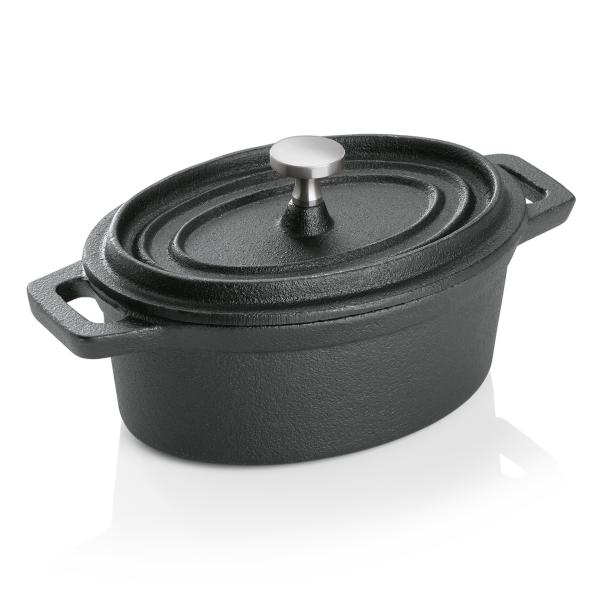 Cocotte, oval, Gusseisen, schwarz, ca. 500 ml, Ø 100 mm, ofenfest
