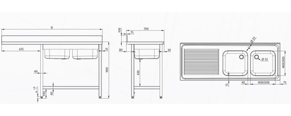 Spültisch ECO mit einem Überstand, Grundboden und zwei Becken rechts 700mm Tiefe