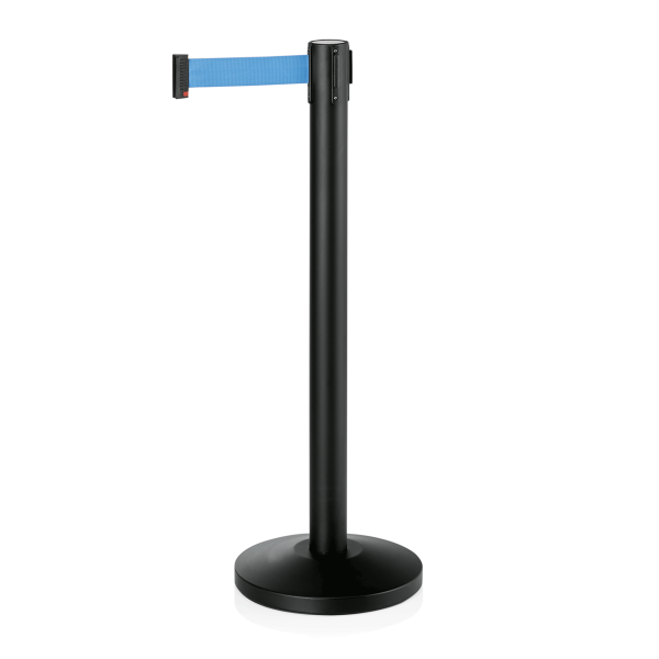 Abgrenzungsständer, Edelstahl, pulverbeschichtet, schwarz, Gurt blau, 2,0 m
