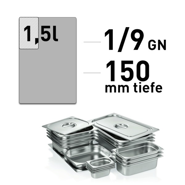 GN-Behälter 1/9, 150 mm tief, Edelstahl – 1,5 Liter