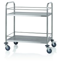 Servierwagen Edelstahl, Reling, 4 Rollen mit Rammschutz, belastbar Servierwagen Edelstahl, Reling, 4 Rollen mit Rammschutz, belastbar