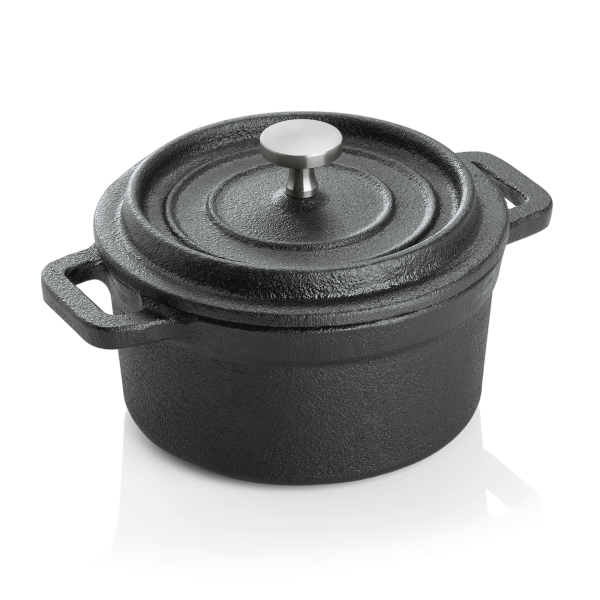 Cocotte, rund, Gusseisen, schwarz, ca. 300 ml, Ø 100 mm, ofenfest