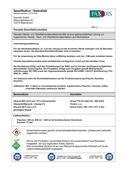 Hand-Desinfektionsmittel 500 ml, gebrauchsfertige Lösung zur hygenischen Hände- und Hautdesinfektion