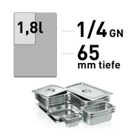 GN-Behälter 1/4, 65 mm tief, Edelstahl – 1,8 Liter GN-Behälter 1/4, 65 mm tief, Edelstahl – 1,8 Liter
