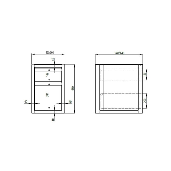 Schubladenunterschrank mit zwei unterschiedlichen Schubladen, Tiefe 640 mm, sockelbaufähig