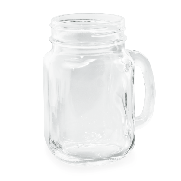 Trinkglas mit Henkel und Weißblechdeckel, Glas, 450 mm, ungeeicht