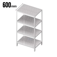 Die Abbildung zeigt das Lagerregal aus Edelstahl in Draufsicht von schräg oben. Das Tiefenmaß ist angegeben, das Bild hat Die Abbildung zeigt das Lagerregal aus Edelstahl in Draufsicht von schräg oben. Das Tiefenmaß ist angegeben, das Bild hat einen weißen Hintergrund.