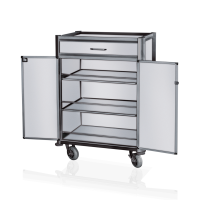 Minibar Servicetrolley, Aluminium, MDF, weiß, dunkle Kanten, abschließbar, 4 Rollen Minibar Servicetrolley, Aluminium, MDF, weiß, dunkle Kanten, abschließbar, 4 Rollen