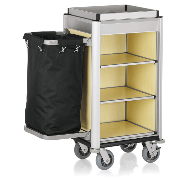 Zimmerservicewagen mit 60 l Volumen, helle Holzoptik, Aluminiumrahmen, Rollen Ø 150 mm