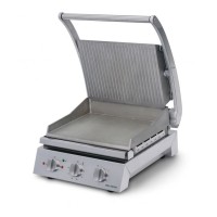 Die Grillstation ist von vorne-oben auf weißem Hintergrund zu sehen. Das Oberteil ist aufgeklappt und die Grillplatten gut zu Die Grillstation ist von vorne-oben auf weißem Hintergrund zu sehen. Das Oberteil ist aufgeklappt und die Grillplatten gut zu sehen.