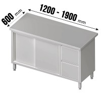 Arbeitsschrank, mit Schiebetüren, ohne Aufkantung, mit 2er Schubladenblock rechts, 1 höhenverstellba Arbeitsschrank, mit Schiebetüren, ohne Aufkantung, mit 2er Schubladenblock rechts, 1 höhenverstellba