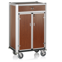Minibar Servicetrolley, Aluminium, MDF Holzoptik, helle Kanten, abschließbar, 4 Rollen Minibar Servicetrolley, Aluminium, MDF Holzoptik, helle Kanten, abschließbar, 4 Rollen