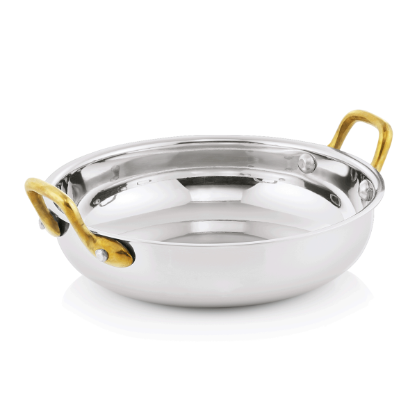 Servierpfanne, Edelstahl / Messing, rund, 2 Griffe, Ø 180 mm, 0.9 Liter
