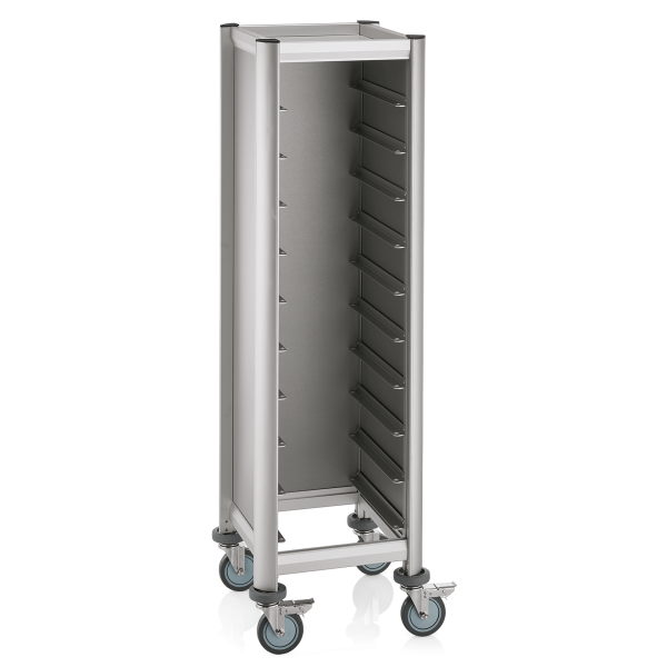 Tablettwagen in Aluoptik für 10 x 455 x 355 mm Tabletts, 4 Lenkrollen