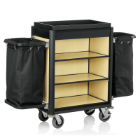 Zimmerservicewagen mit 2 Wäschesäcken à 60 l, helle Holzoptik, Aluminiumrahmen Zimmerservicewagen mit 2 Wäschesäcken à 60 l, helle Holzoptik, Aluminiumrahmen