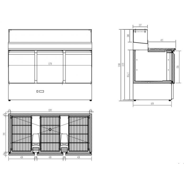 Pizzakühltisch, 3 Türen, mit Glasaufsatz, Motor unten