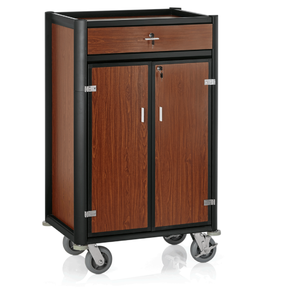 Minibarversorgungswagen, schwarze Kantenprofile, dunkle Holzoptik