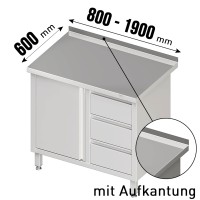 Arbeitsschrank, Flügeltüren, Aufkantung, 3 Schubladen rechts, Tiefe 600mm Arbeitsschrank, Flügeltüren, Aufkantung, 3 Schubladen rechts, Tiefe 600mm
