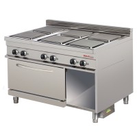 Im Bild ist der 6-Platten-Herd mit Backofen und offenem Fach zu sehen. Der Hintergrund ist weiß. Im Bild ist der 6-Platten-Herd mit Backofen und offenem Fach zu sehen. Der Hintergrund ist weiß.
