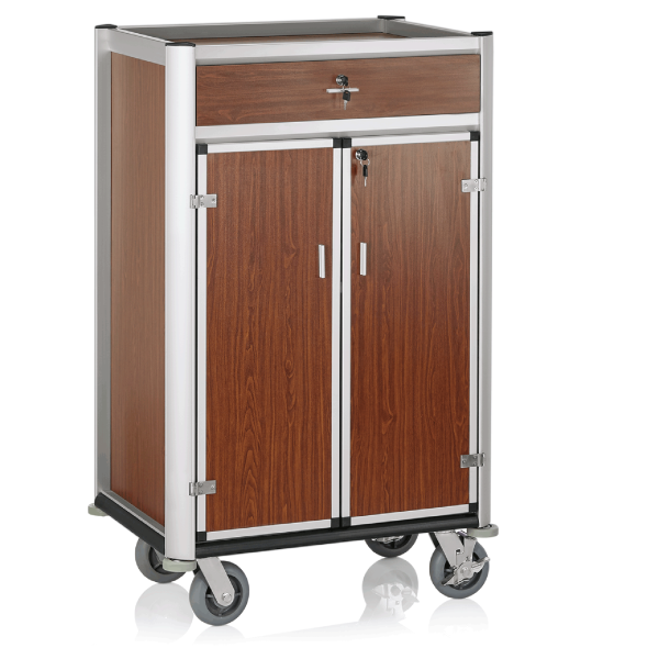 Minibar Servicetrolley, Aluminium, MDF Holzoptik, helle Kanten, abschließbar, 4 Rollen