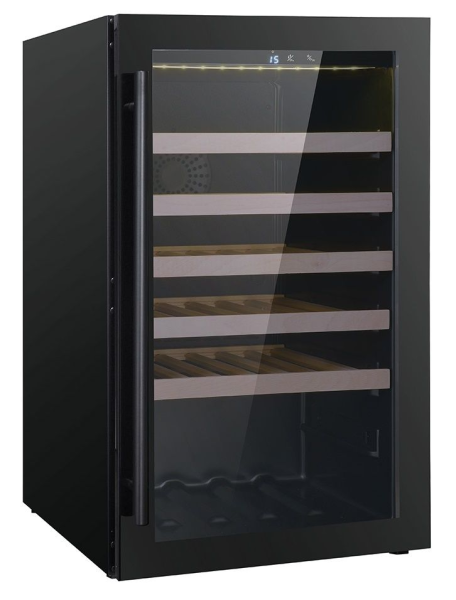 Weinkühlschrank, 118 Liter, +5 bis +20 °C, 1 Zone, 1 Glastür, Umluftkühlung, schwarz