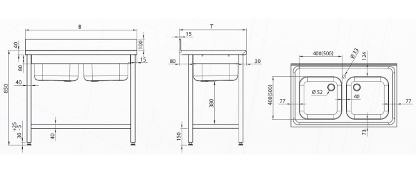 Spültisch ECO mit zwei Becken, Grundboden und Aufkantung 600mm Tiefe