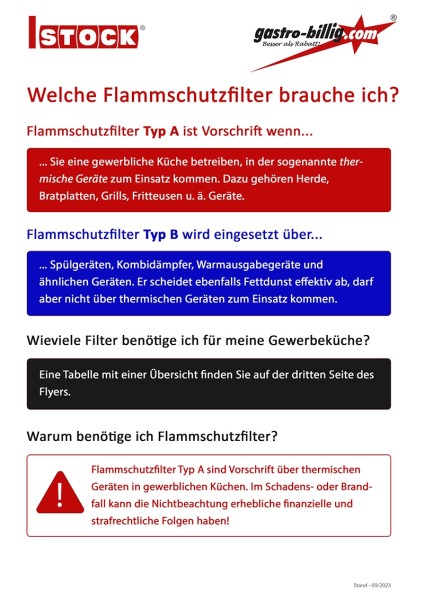 Flammschutzfilter 500x500 mm Typ A Gastro Edelstahl DIN 18869 VDI 2052 mit Griff